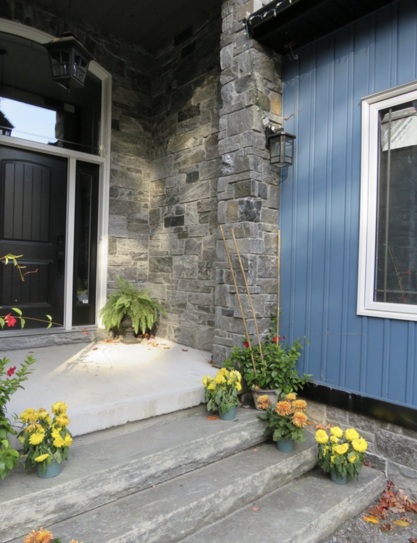 Elite Blue Granite thick slab steps with matching sawn-height thin veneer on house