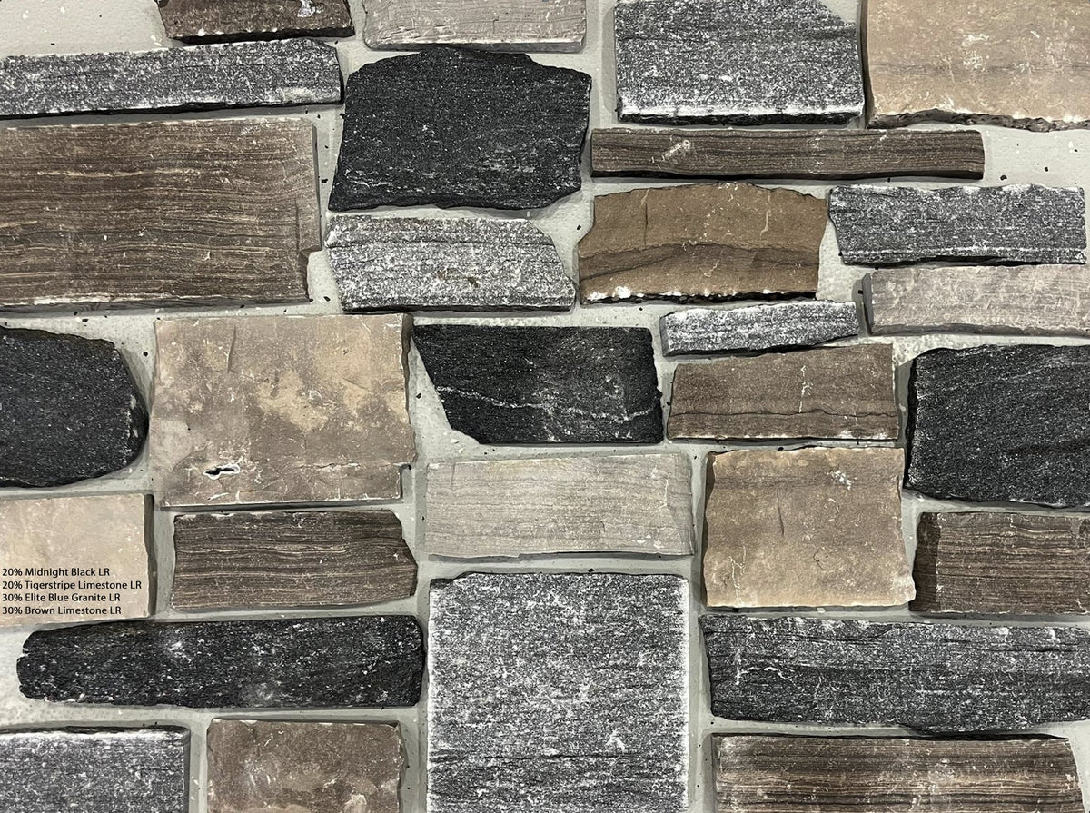 Carreaux et rectangles en granit bleu Elite avec accents noirs et bruns - Placage de pierre mince - Coins