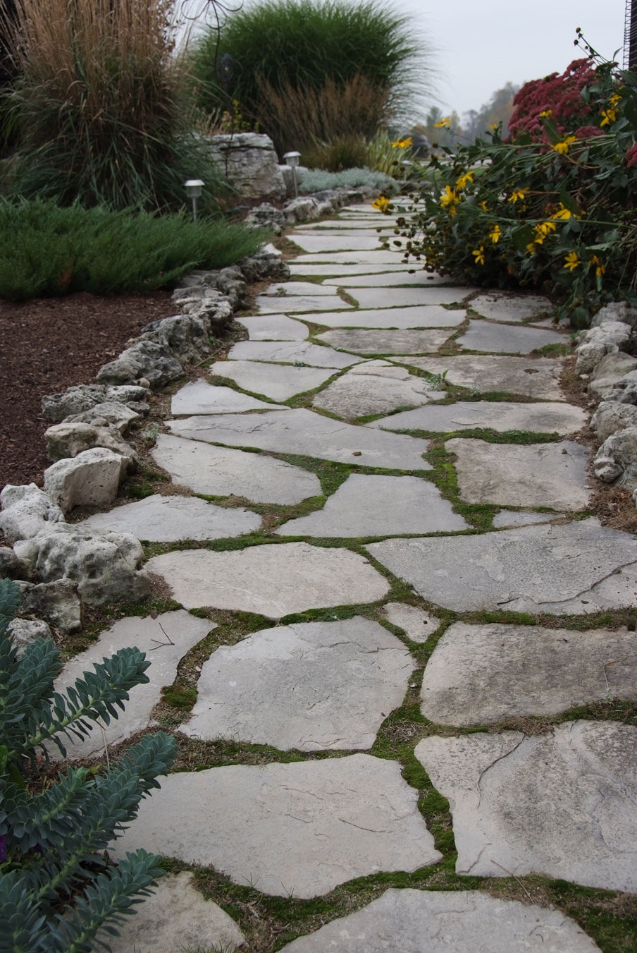 Tumbled limestone garden path flagstone — color and veining detail