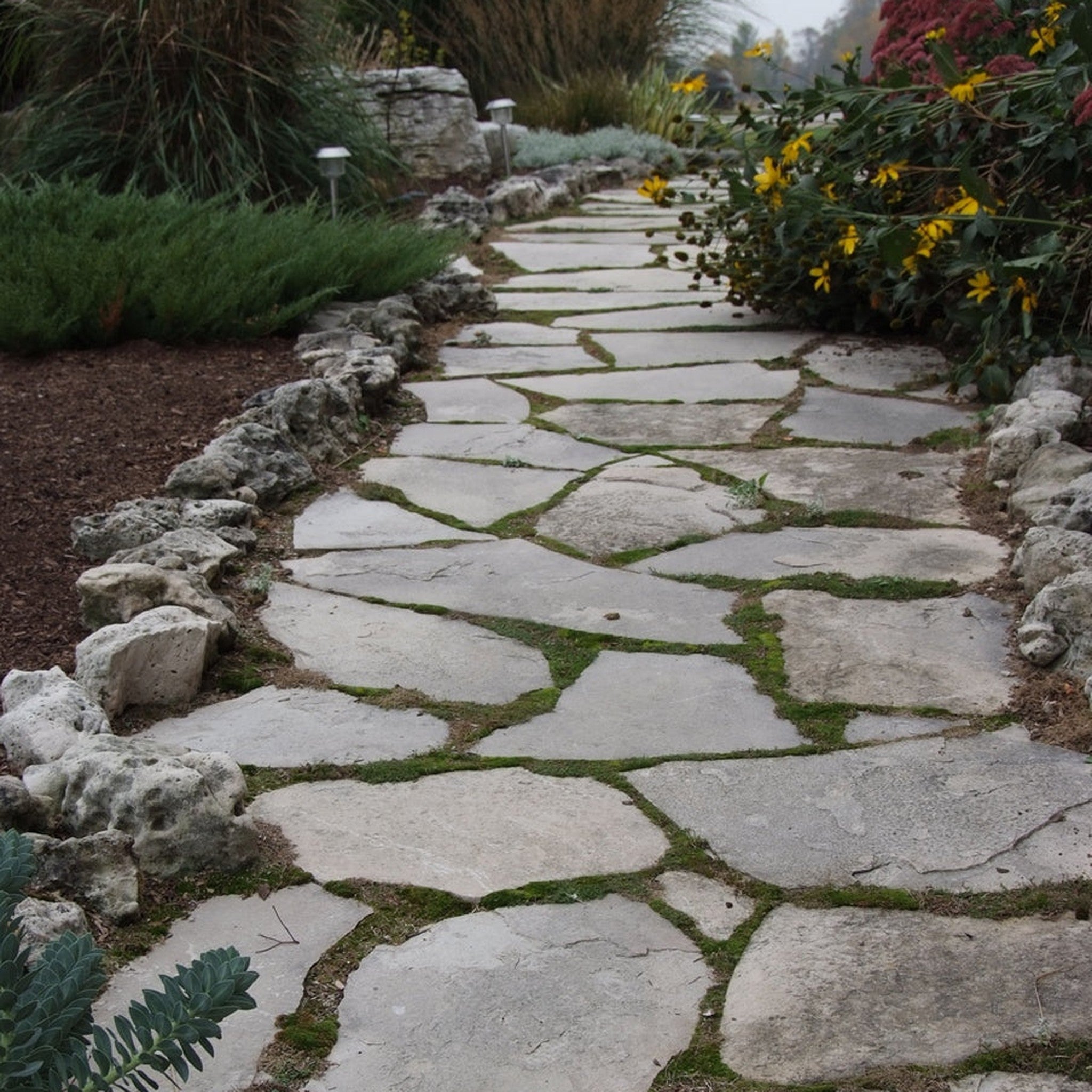 Tumbled limestone garden path flagstone — color and veining detail